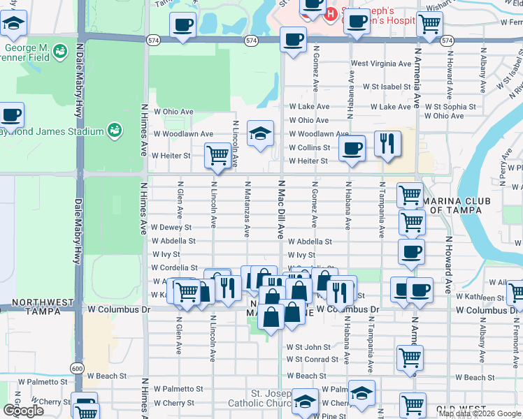 map of restaurants, bars, coffee shops, grocery stores, and more near 3109 West Leroy Street in Tampa