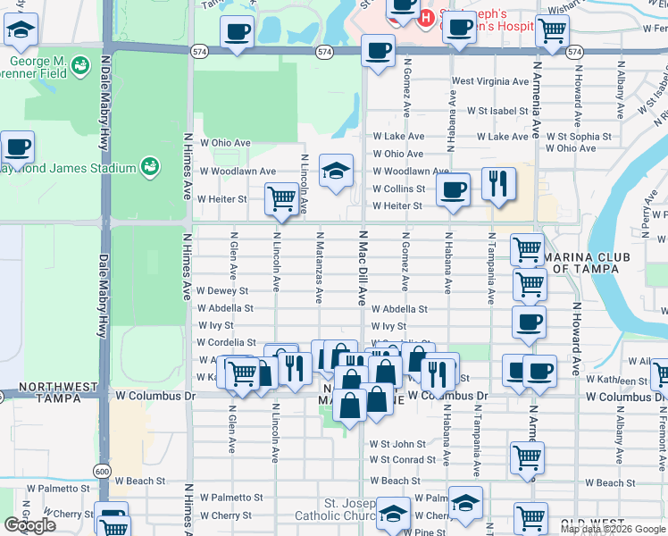 map of restaurants, bars, coffee shops, grocery stores, and more near 3109 West Leroy Street in Tampa