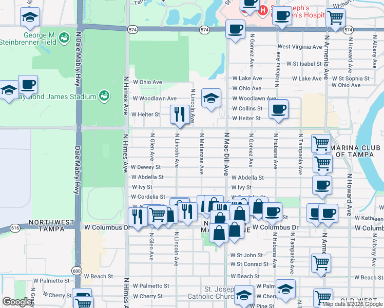 map of restaurants, bars, coffee shops, grocery stores, and more near 3205 West Leroy Street in Tampa