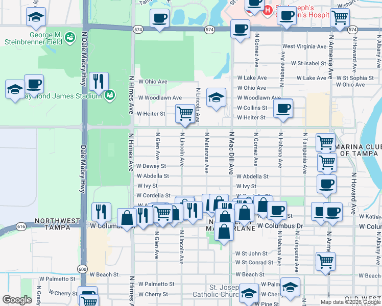 map of restaurants, bars, coffee shops, grocery stores, and more near 3223 West Leroy Street in Tampa