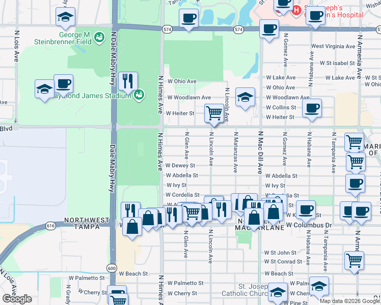 map of restaurants, bars, coffee shops, grocery stores, and more near 3317 West Leroy Street in Tampa