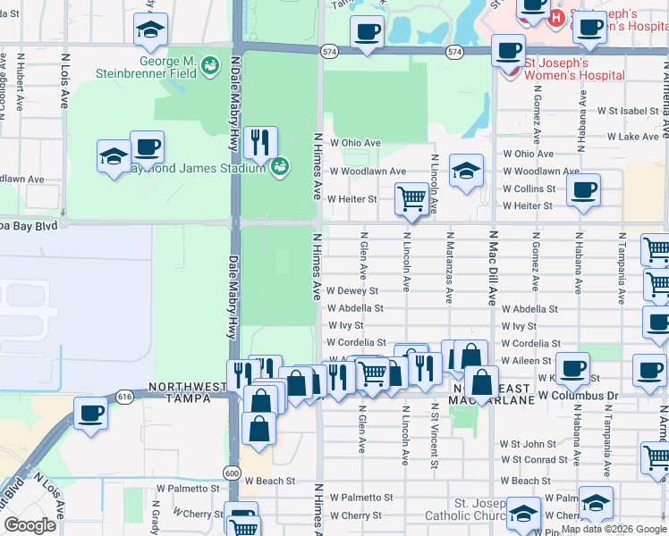 map of restaurants, bars, coffee shops, grocery stores, and more near 3409 West Leroy Street in Tampa