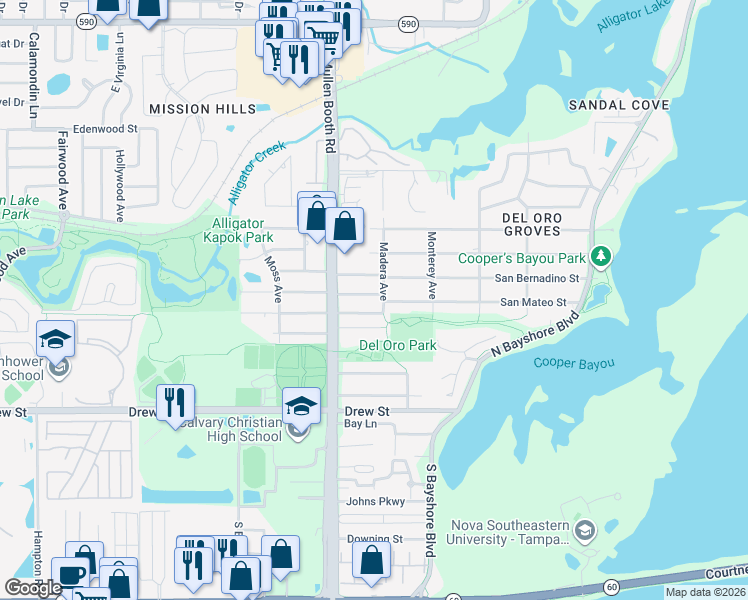 map of restaurants, bars, coffee shops, grocery stores, and more near 608 Madera Avenue in Clearwater