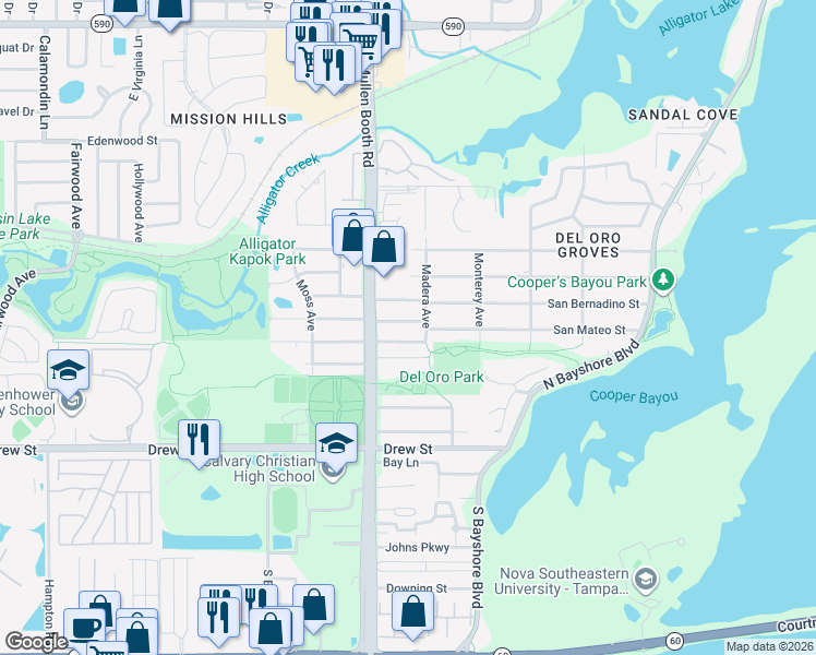 map of restaurants, bars, coffee shops, grocery stores, and more near 608 Madera Avenue in Clearwater