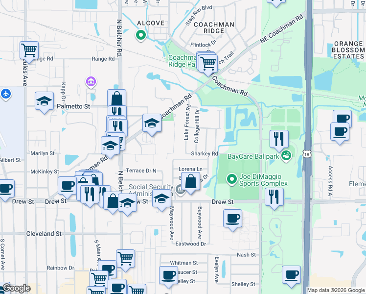 map of restaurants, bars, coffee shops, grocery stores, and more near 615 Forrest Glen Road in Clearwater