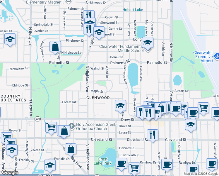 map of restaurants, bars, coffee shops, grocery stores, and more near 1570 Maple Street in Clearwater