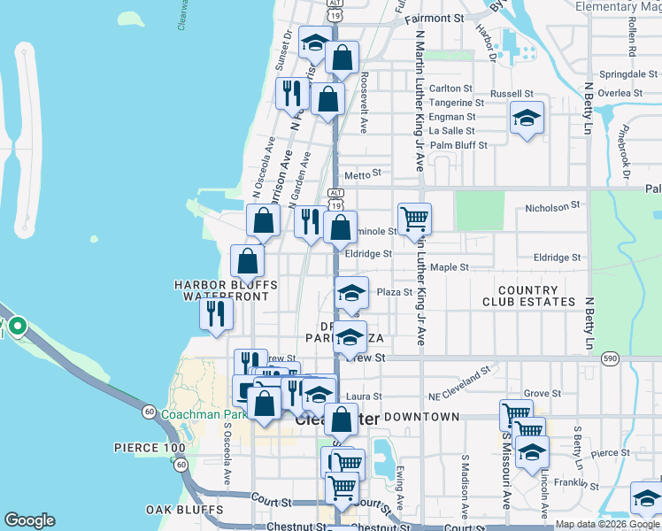 map of restaurants, bars, coffee shops, grocery stores, and more near 601 North Myrtle Avenue in Clearwater