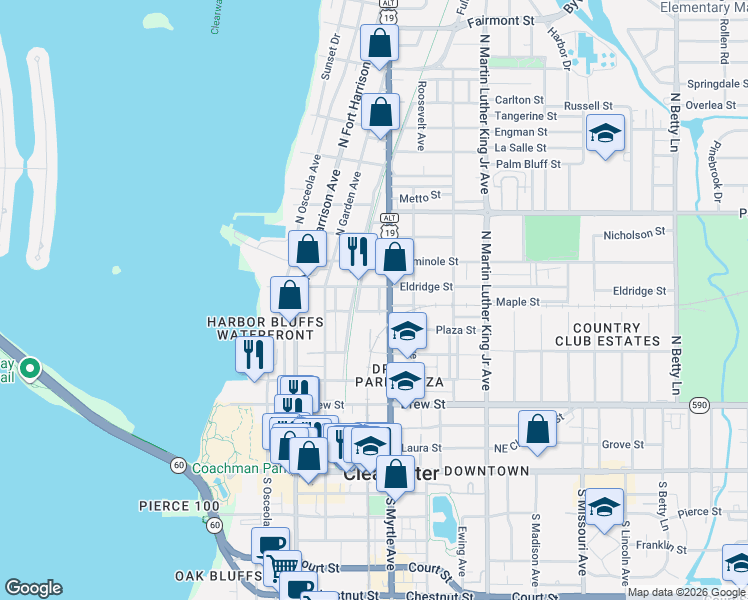 map of restaurants, bars, coffee shops, grocery stores, and more near 603 Blanche B Littlejohn Trail in Clearwater