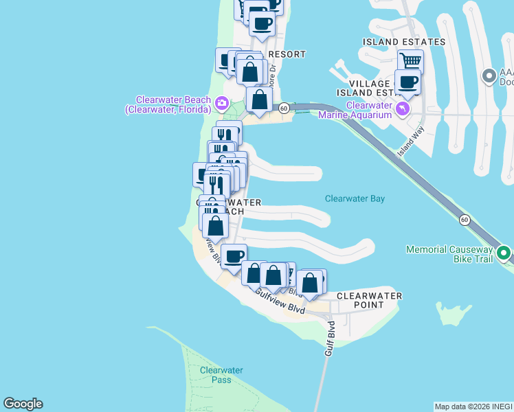map of restaurants, bars, coffee shops, grocery stores, and more near 120 Brightwater Drive in Clearwater
