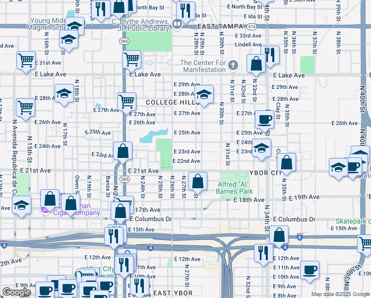 map of restaurants, bars, coffee shops, grocery stores, and more near 2614 East 23rd Avenue in Tampa
