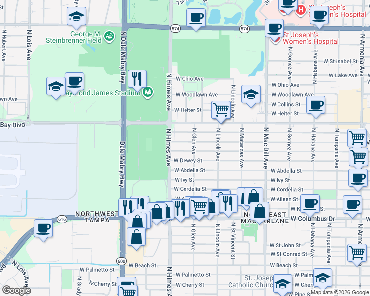 map of restaurants, bars, coffee shops, grocery stores, and more near 3409 West Leroy Street in Tampa