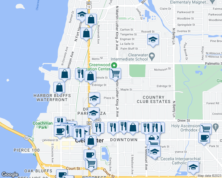 map of restaurants, bars, coffee shops, grocery stores, and more near 601 Pennsylvania Avenue in Clearwater