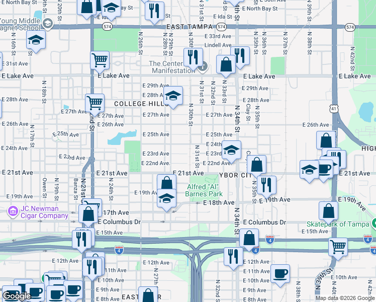 map of restaurants, bars, coffee shops, grocery stores, and more near 2918 East 23rd Avenue in Tampa