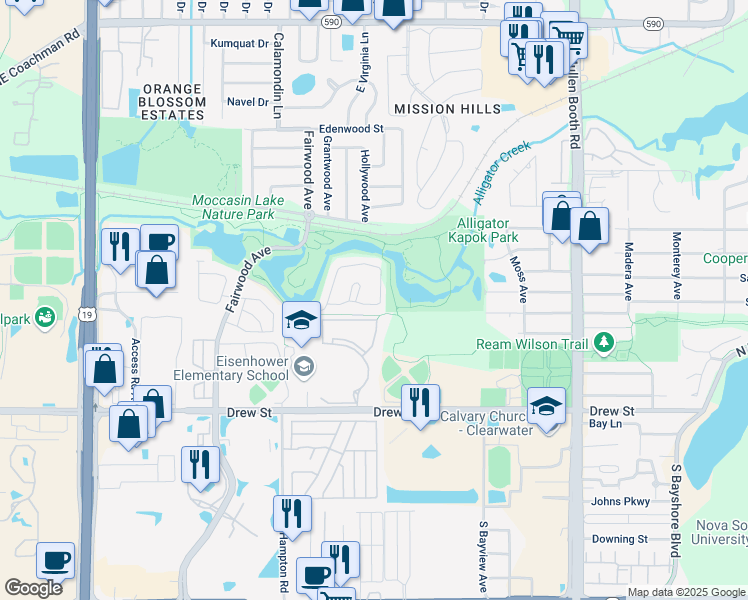 map of restaurants, bars, coffee shops, grocery stores, and more near 3402 Brigadoon Drive in Clearwater