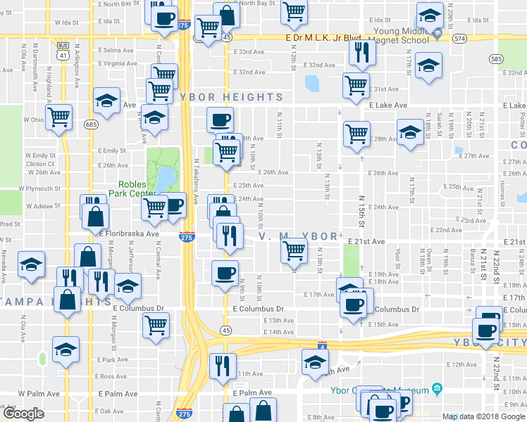 map of restaurants, bars, coffee shops, grocery stores, and more near 1002 East 23rd Avenue in Tampa