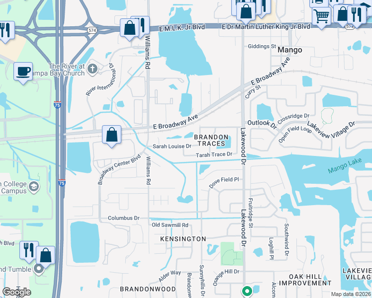 map of restaurants, bars, coffee shops, grocery stores, and more near 2003 Sarah Louise Drive in Brandon
