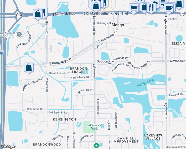 map of restaurants, bars, coffee shops, grocery stores, and more near 1723 Tarah Trace Drive in Brandon