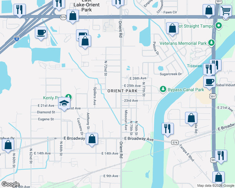 map of restaurants, bars, coffee shops, grocery stores, and more near 3017 North 73rd Street in Tampa