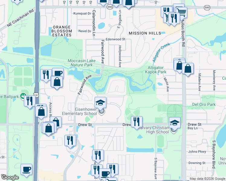 map of restaurants, bars, coffee shops, grocery stores, and more near 4301 Brigadoon Circle in Clearwater