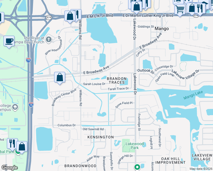 map of restaurants, bars, coffee shops, grocery stores, and more near 2003 Sarah Louise Drive in Brandon