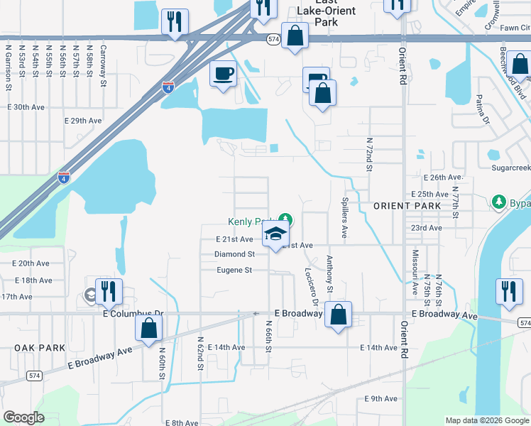 map of restaurants, bars, coffee shops, grocery stores, and more near 6521 East 24th Avenue in Tampa