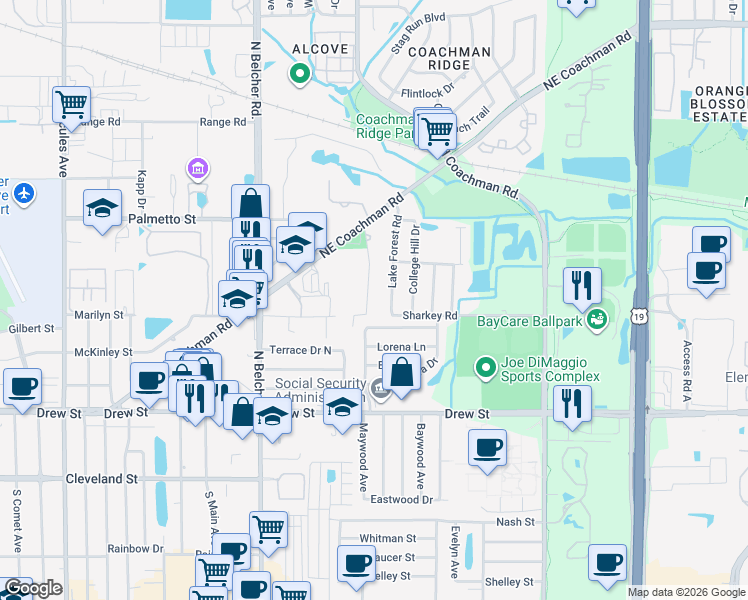 map of restaurants, bars, coffee shops, grocery stores, and more near 615 Forrest Glen Road in Clearwater