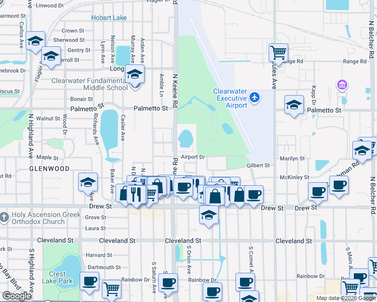 map of restaurants, bars, coffee shops, grocery stores, and more near 625 North Keene Road in Clearwater