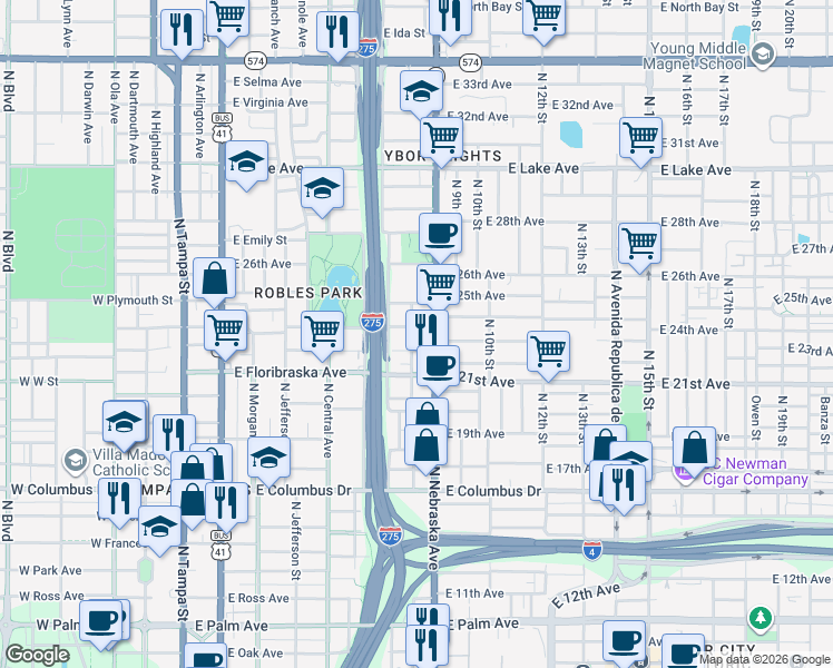 map of restaurants, bars, coffee shops, grocery stores, and more near 3107 North Mitchell Avenue in Tampa