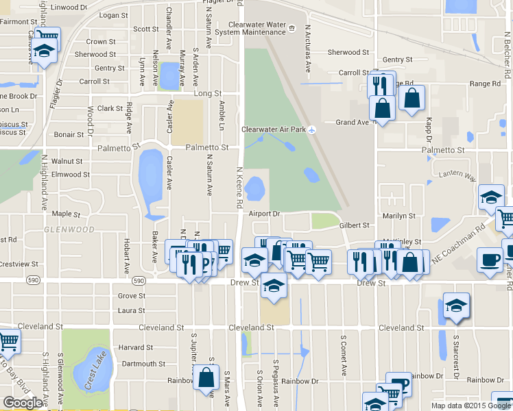 map of restaurants, bars, coffee shops, grocery stores, and more near 625 North Keene Road in Clearwater