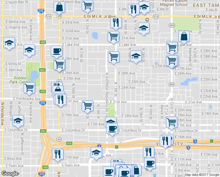 map of restaurants, bars, coffee shops, grocery stores, and more near 1406 East 23rd Avenue in Tampa