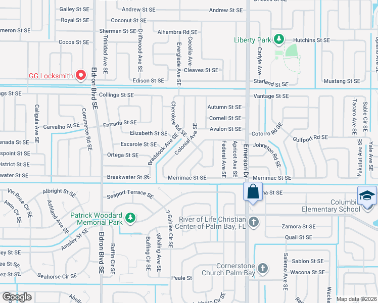 map of restaurants, bars, coffee shops, grocery stores, and more near 679 Airoso Road Southeast in Palm Bay