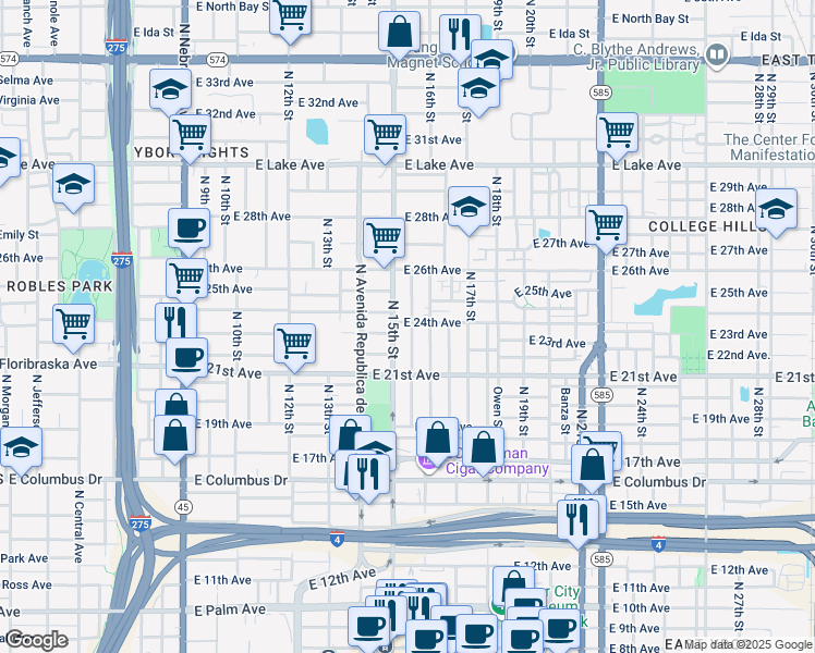 map of restaurants, bars, coffee shops, grocery stores, and more near 3108 North 15th Street in Tampa