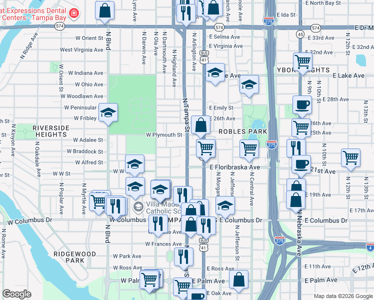 map of restaurants, bars, coffee shops, grocery stores, and more near 3014 North Tampa Street in Tampa