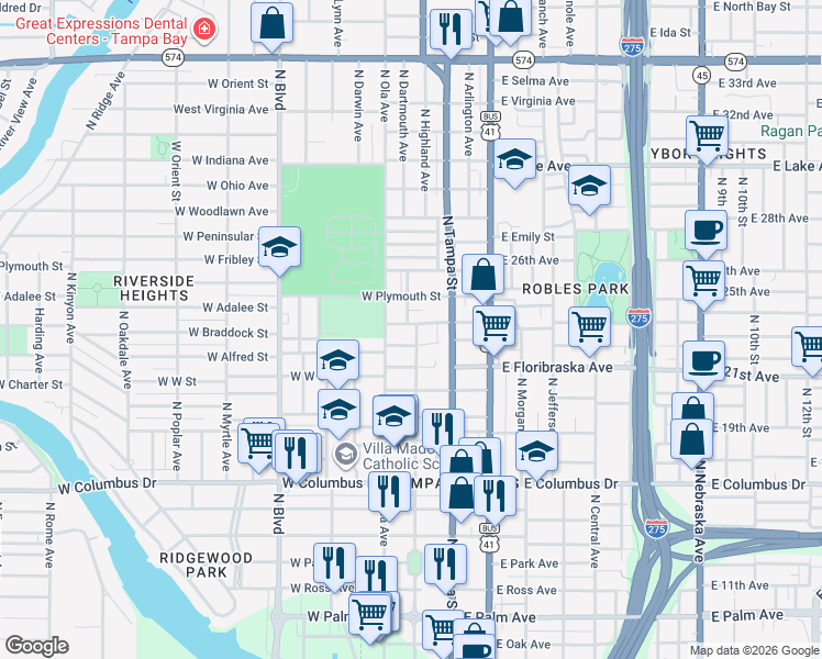 map of restaurants, bars, coffee shops, grocery stores, and more near 3010 North Highland Avenue in Tampa
