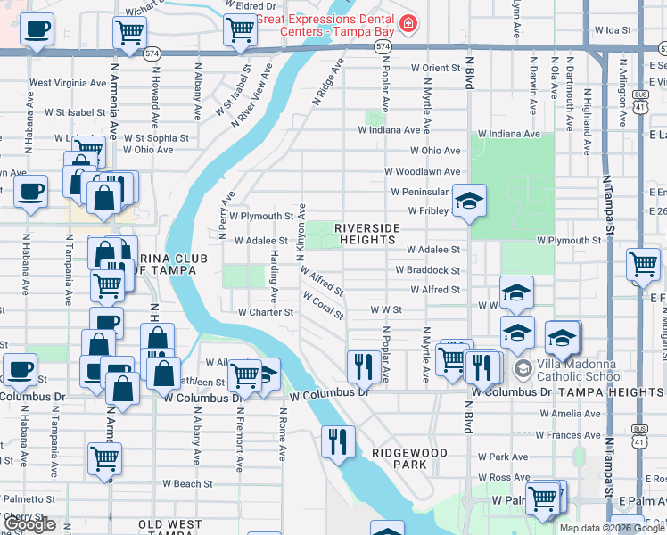 map of restaurants, bars, coffee shops, grocery stores, and more near 1008 West Braddock Street in Tampa