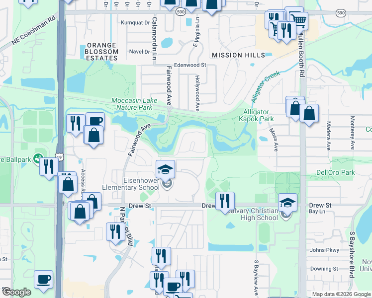 map of restaurants, bars, coffee shops, grocery stores, and more near 4301 Brigadoon Circle in Clearwater