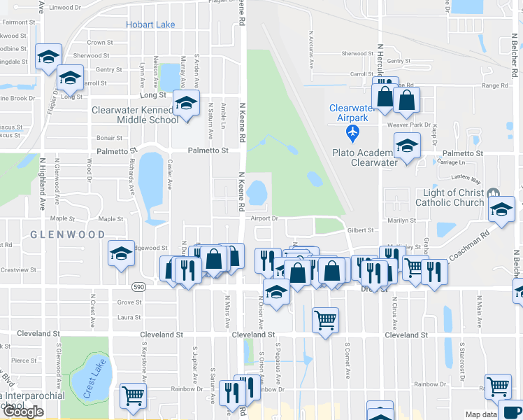 map of restaurants, bars, coffee shops, grocery stores, and more near 625 North Keene Road in Clearwater