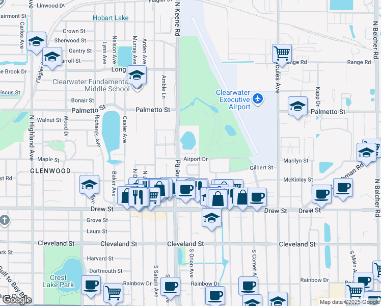 map of restaurants, bars, coffee shops, grocery stores, and more near 625 North Keene Road in Clearwater