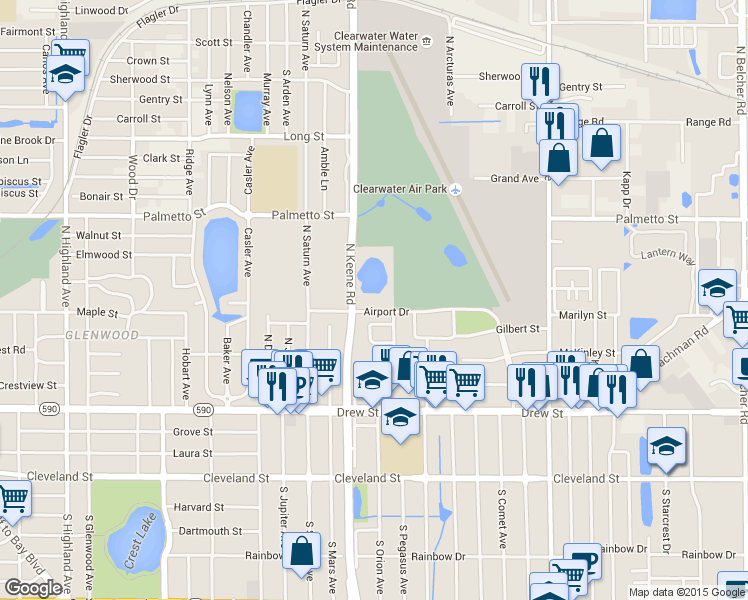 map of restaurants, bars, coffee shops, grocery stores, and more near 625 North Keene Road in Clearwater