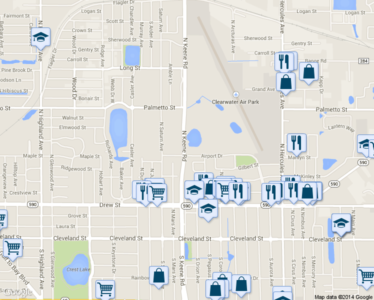 map of restaurants, bars, coffee shops, grocery stores, and more near 625 North Keene Road in Clearwater