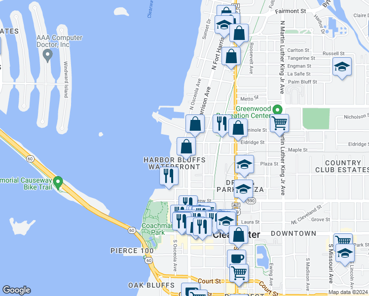 map of restaurants, bars, coffee shops, grocery stores, and more near 602 North Fort Harrison Avenue in Clearwater