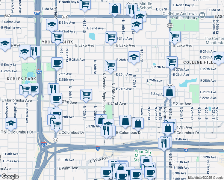 map of restaurants, bars, coffee shops, grocery stores, and more near 3108 North 15th Street in Tampa
