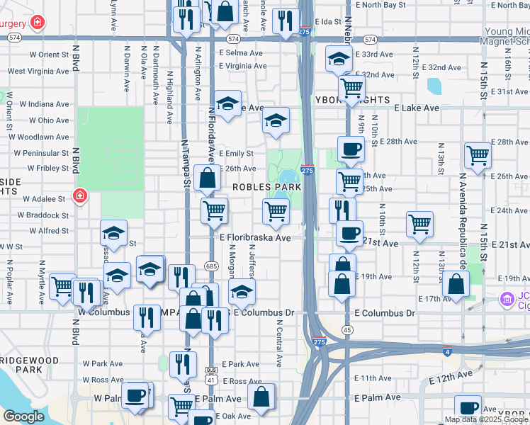 map of restaurants, bars, coffee shops, grocery stores, and more near 409 East Adalee Street in Tampa