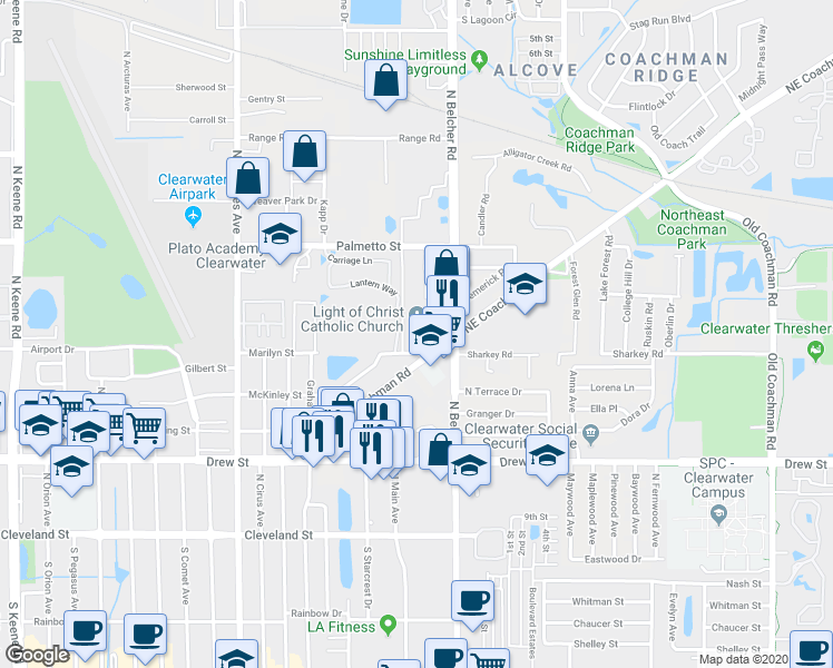 map of restaurants, bars, coffee shops, grocery stores, and more near 2176 Marilyn Street in Clearwater