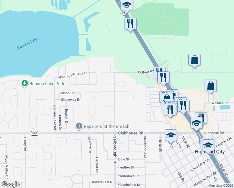 map of restaurants, bars, coffee shops, grocery stores, and more near 5139 Colbert Road in Lakeland