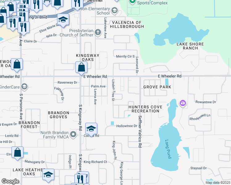 map of restaurants, bars, coffee shops, grocery stores, and more near 2603 Linden Tree Street in Seffner