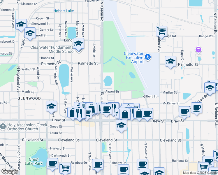 map of restaurants, bars, coffee shops, grocery stores, and more near 625 North Keene Road in Clearwater