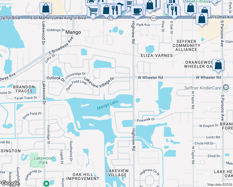 map of restaurants, bars, coffee shops, grocery stores, and more near 1240 Vinetree Drive in Brandon
