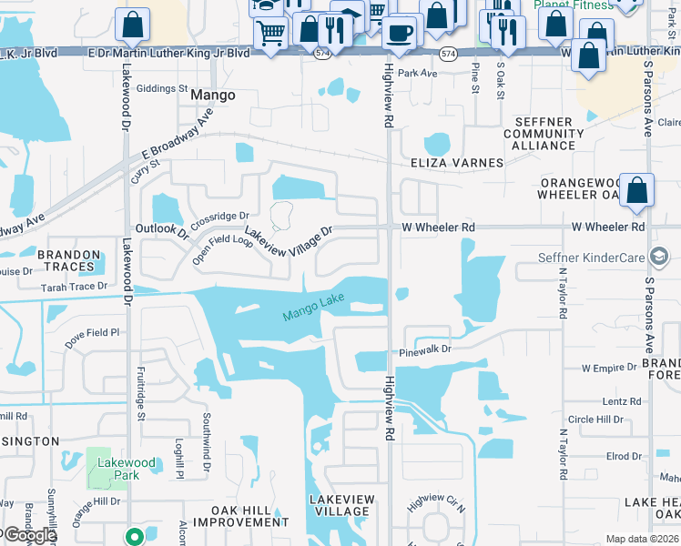 map of restaurants, bars, coffee shops, grocery stores, and more near 1240 Vinetree Drive in Brandon