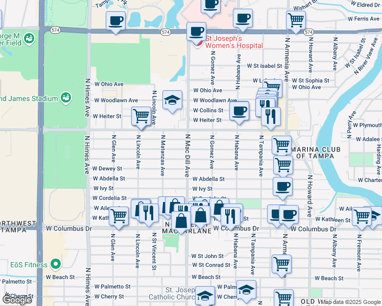 map of restaurants, bars, coffee shops, grocery stores, and more near 3035 West Leroy Street in Tampa